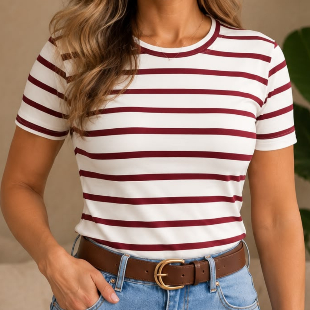 BLUSA FEMININA LISTRADA MANGA CURTA – CLÁSSICA, MODERNA E VERSÁTIL
