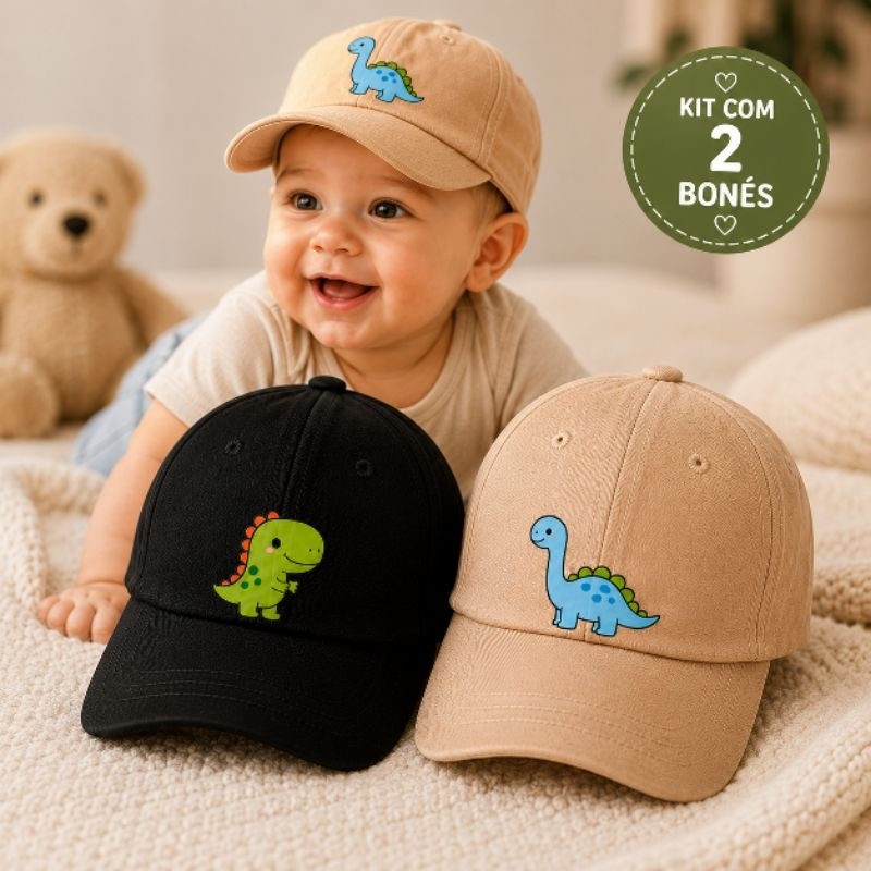 Kit 2 Bonés Bebê Menino Infantil Dinossauro EstampadoElástico Ajustável 2 a 10 Meses Proteção Solar Conforto Baby