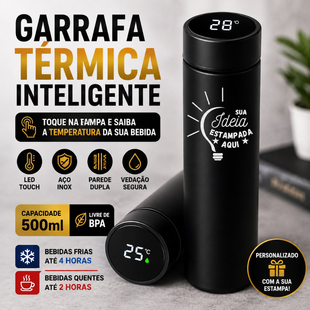 Garrafa Térmica Personalizada Inox 500ml com LED Touch Termômetro Digital e Infusor Preto