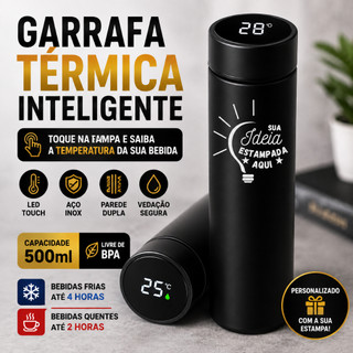 Garrafa Térmica Personalizada Inox 500ml com LED Touch Termômetro Digital e Infusor Preto