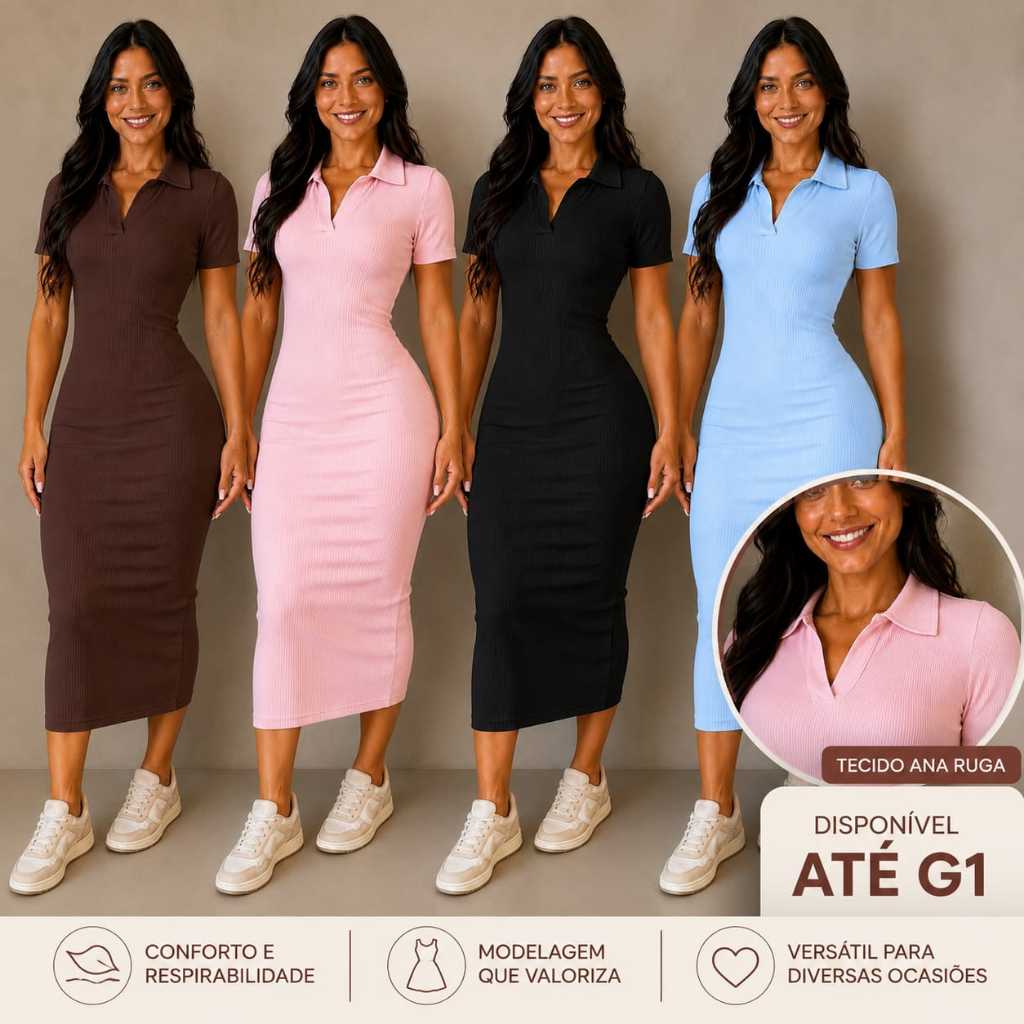 Vestido Midi Tubinho Gola Polo Canelado manguinha moda gringa envio rápido