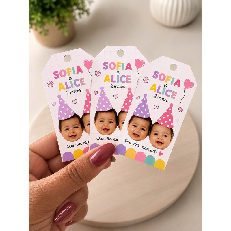 Tag Lembrancinha Personalizada com Foto – 5x9 cm | Aniversário, Mesversário e Chá de Bebê