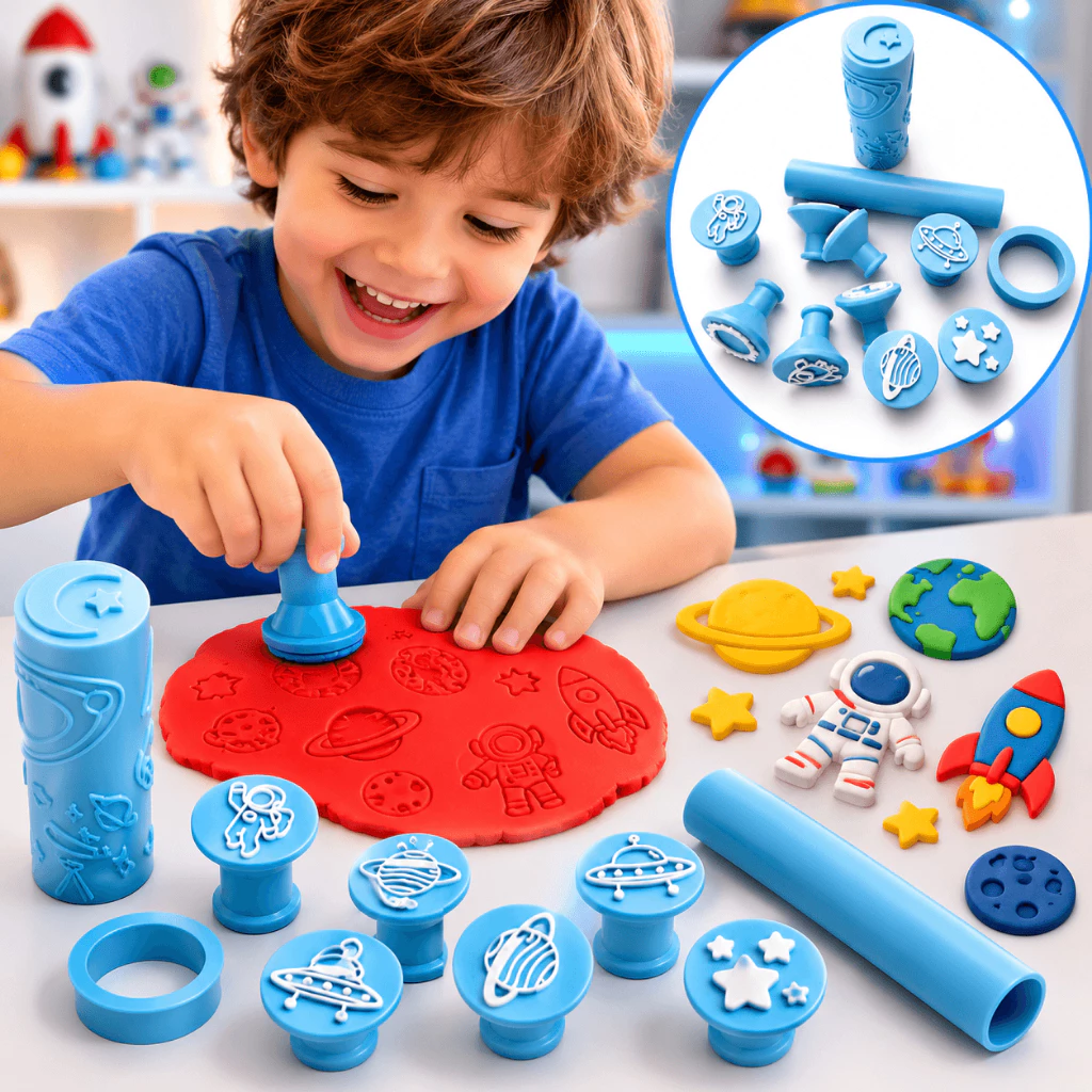 Brinquedo Kit Carimbos para Massinhas Tema Espaço + Rolo Texturizado e Cortador | Brinquedo Educativo Infantil — imagem 1