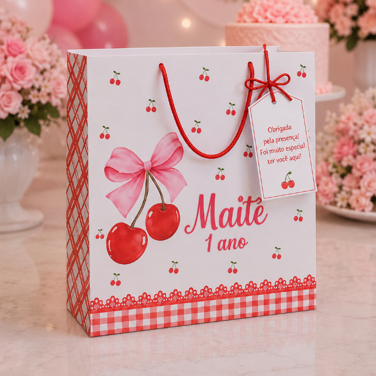 Sacolinhas Personalizadas Cerejinhas| Lembrancinha Festa Infantil Rosa| Acompanha tag | Kit Montado