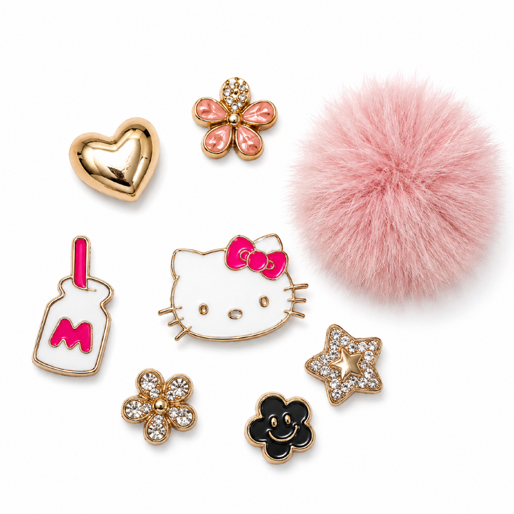 Pins para Babuche | Bottons para Babuche | Charms para Babuche | Kit Rosa | Pompom Rosa Bebê | ABS Resistente
