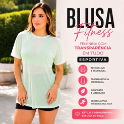 Blusa fitness Feminina com Transparência em Tule respirável esportiva ideal para Treino