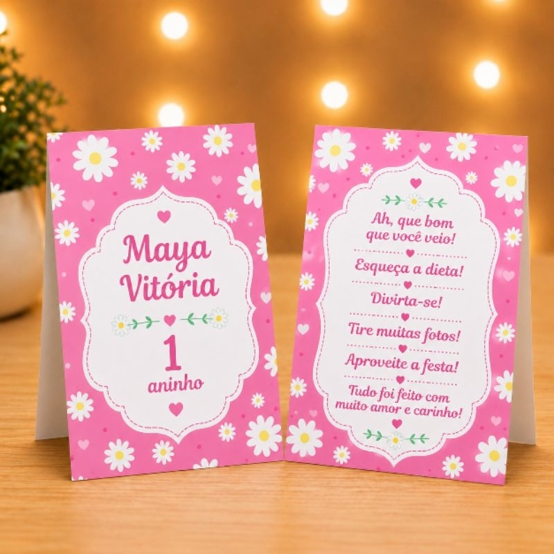 Plaquinha de Mesa Margaridas Rosa Personalizada | Centro de Mesa | Decoração Festa Infantil | Lembrancinha Aniversário