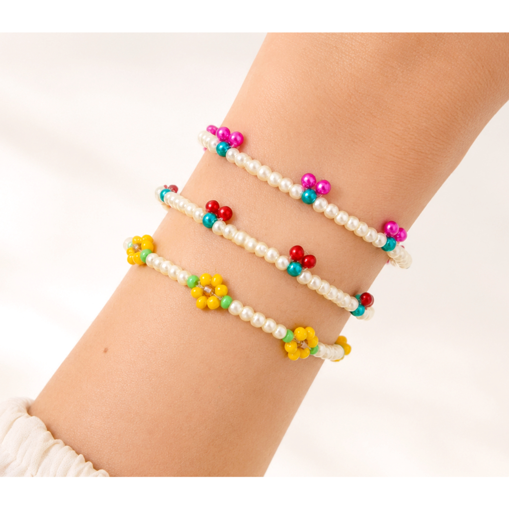 Pulseira de Pérolas Mini Cereja, Flor e Pitaya Rosa - Pulseira Feminina Perola Artesanal [Corrente Aço Inox Não Escurece