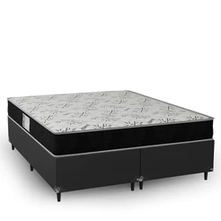 Cama Box Queen Bipartido Couro Preto + Colchão D33 One Face Suede Preto - e-Shop Casa