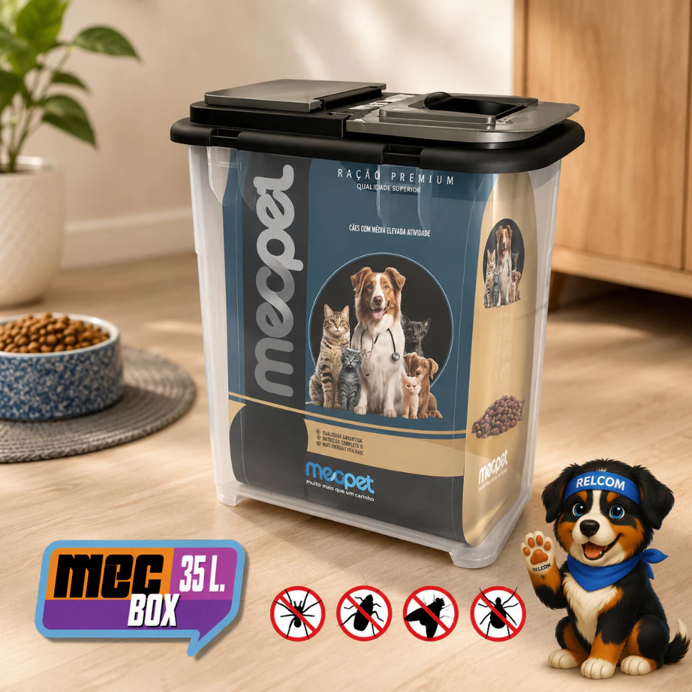 Pote Com Tampa Dispenser Ração De Pet Cão Gato 35 Litros 15kg Resisnte Mec Pet