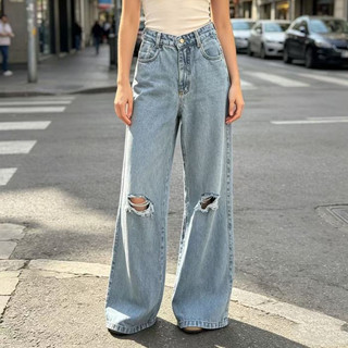 Calça Jeans wide leg cintura alta Calça Feminina Calça Destroyed Calça Joelho rasgado pantalona Jeans Femininas
