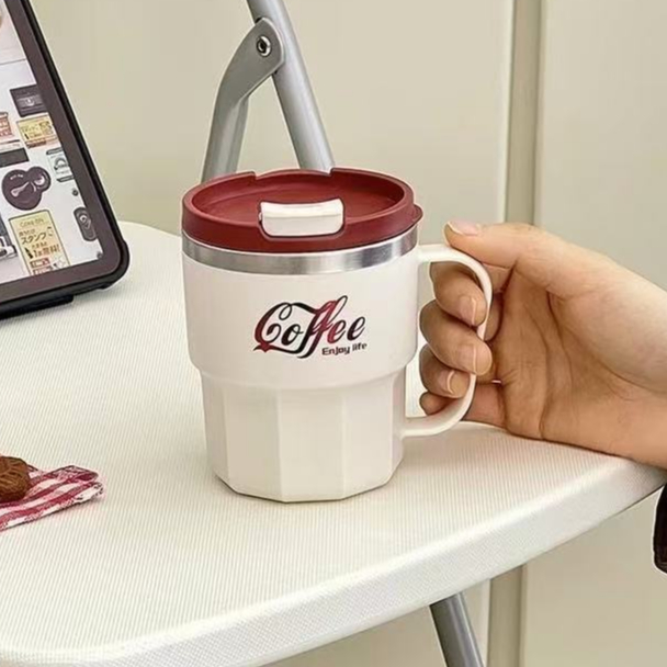 Caneca de Café Térmica 400ml Aço Inox 304 Com Alça e Tampa Resistente ao Calor