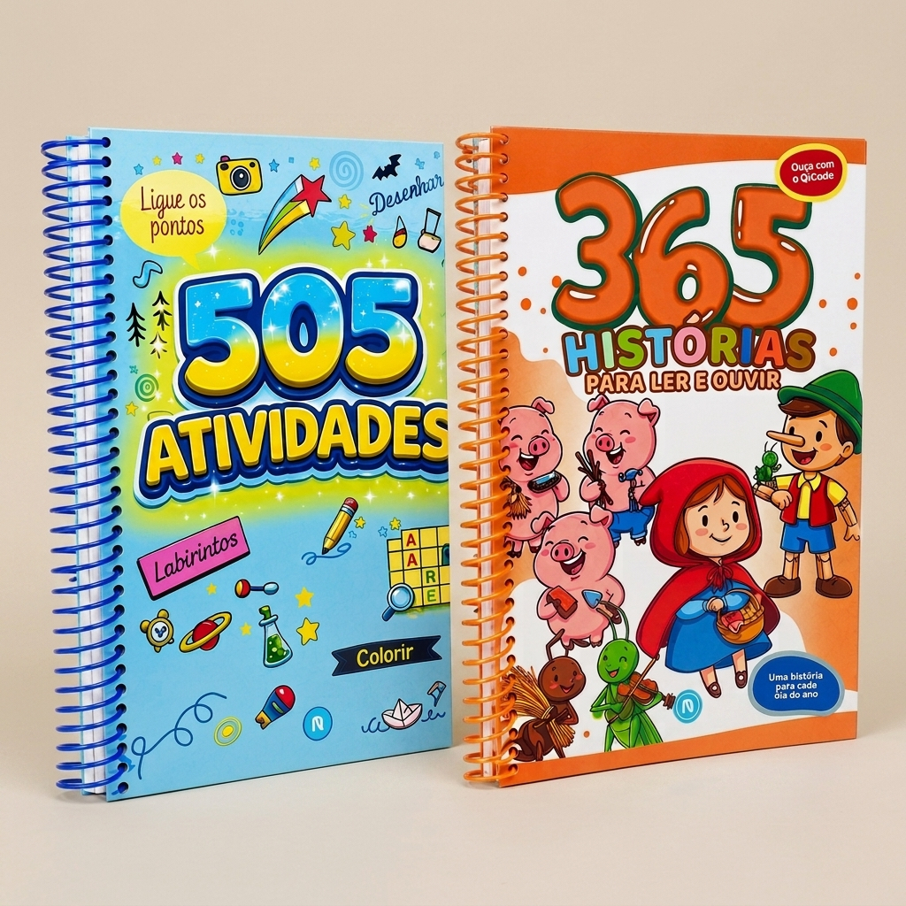 Kit 2 Livros 365 Contos Diversos + 505 Atividades Kit Pedagógico Infantil Coordenação Motora Leitura