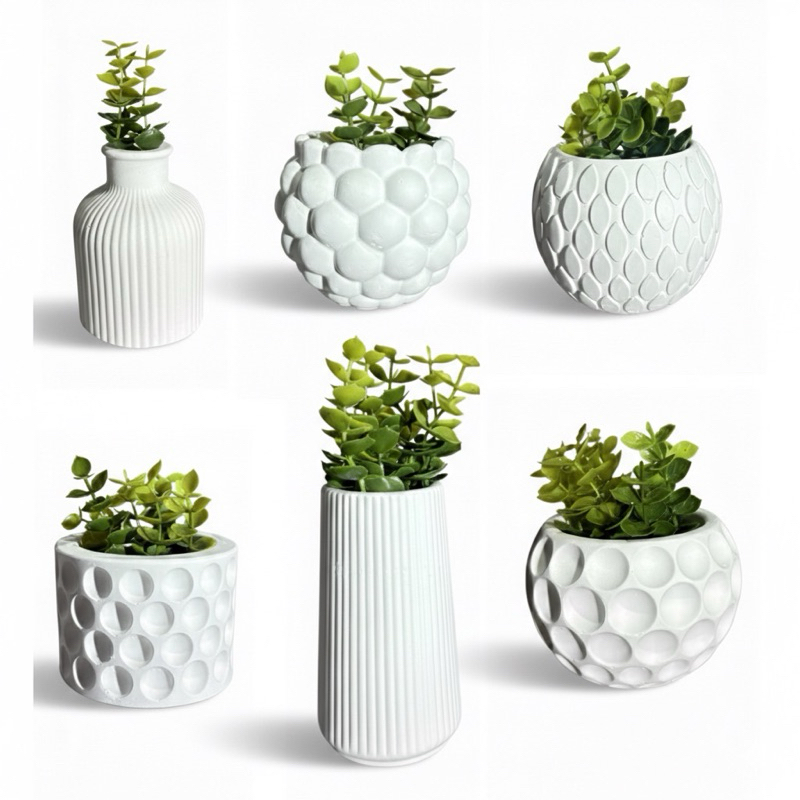 Kit Master 6 Vasos Com Planta Artificial Vasinhos De Decoração Casa Banheiro Balcão Escritório 8x9cm