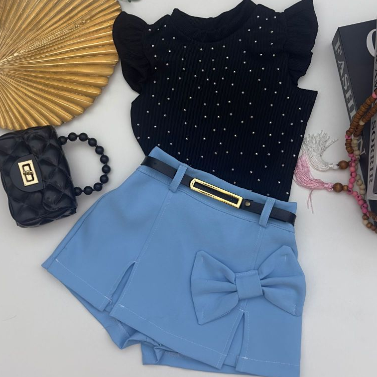 Conjunto Infantil menina blogueirinha, short saia alfaiataria blusa canelada pedraria strass estilosa festa e passeio>)
