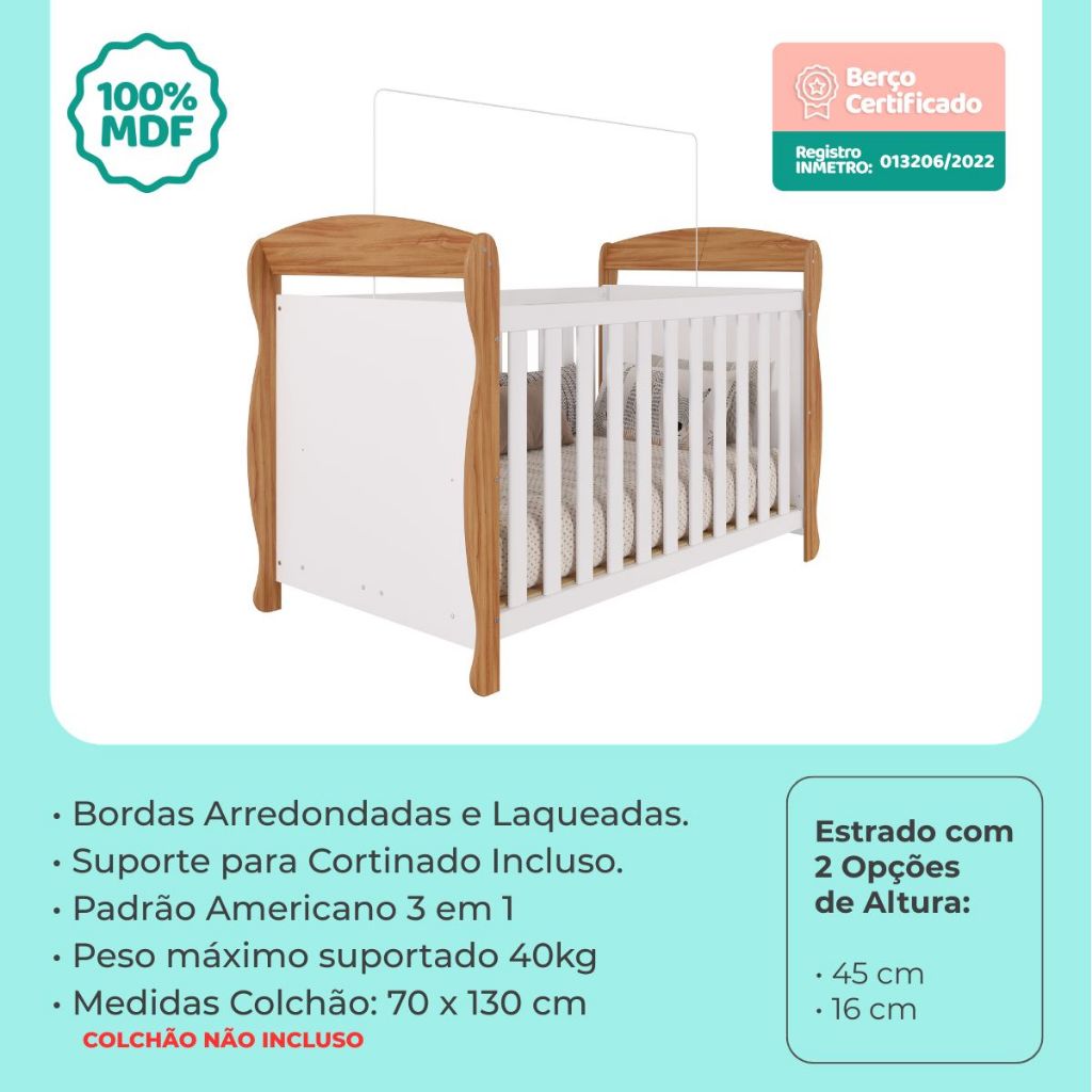 Quarto Bebê Completo Berço Americano Marquesa 3 em 1 Guarda Roupas 3 Portas Cômoda 100% MDF Telinha · foto 2