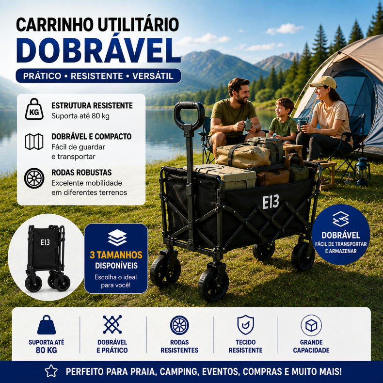 Carrinho de Camping Dobrável Grande Médio Pequeno com Rodas Multiuso