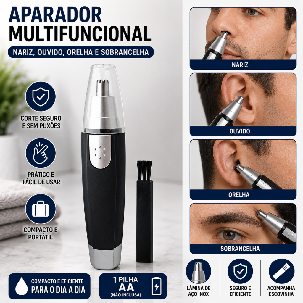 Aparador de Pelos Nariz Orelha Ouvido Sobrancelha Elétrico Portátil Aço Inox