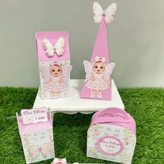 Kit Pegue e Monte. Rosa ou Lilás. Caixinhas Personalizadas Jardim das Borboletas/Encantado mascote personalizada.