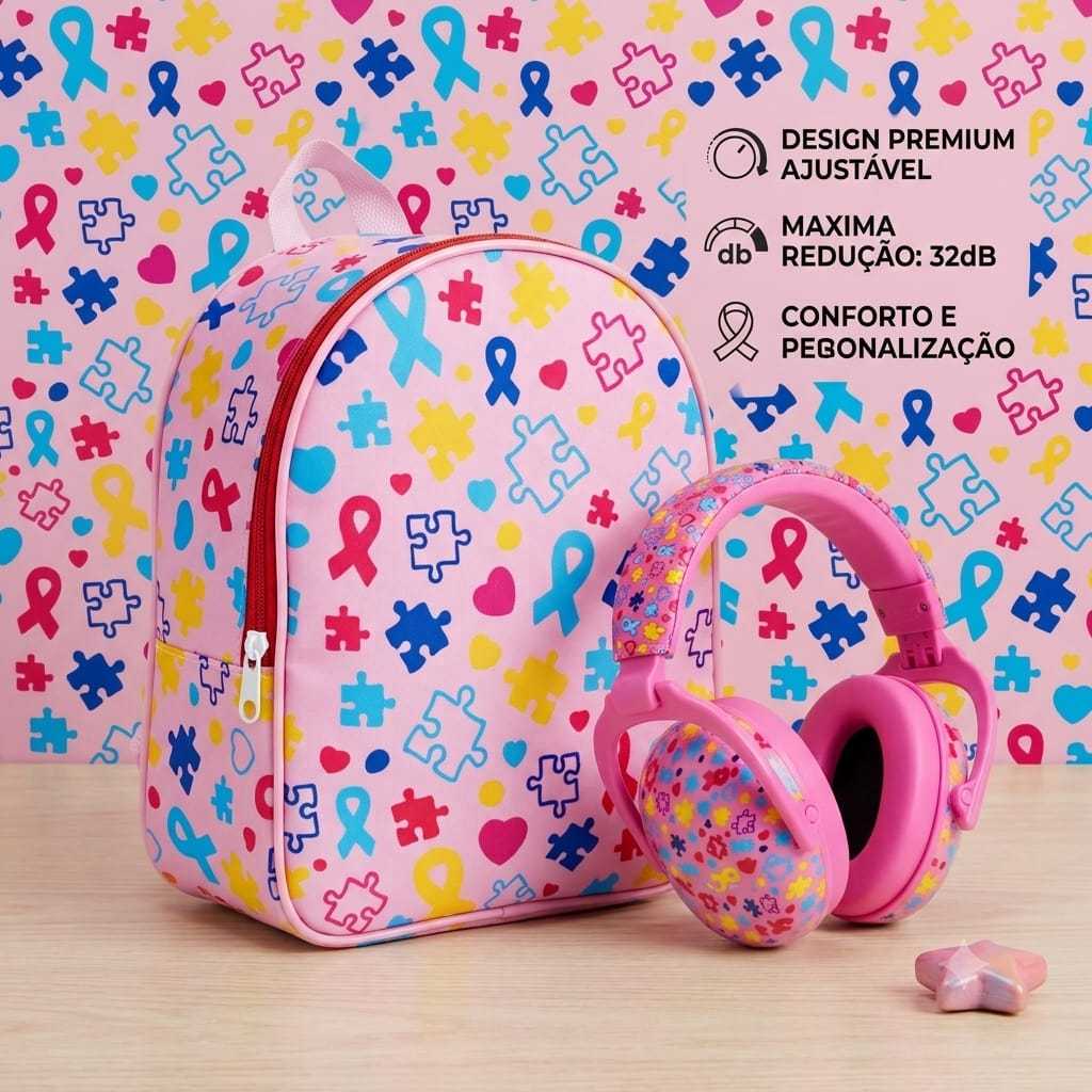 Mochilinha 22cm Abafador Ruídos Pinky 32dB Kit Sensorial Infantil Kit Abafador Ruído Autismo Tea