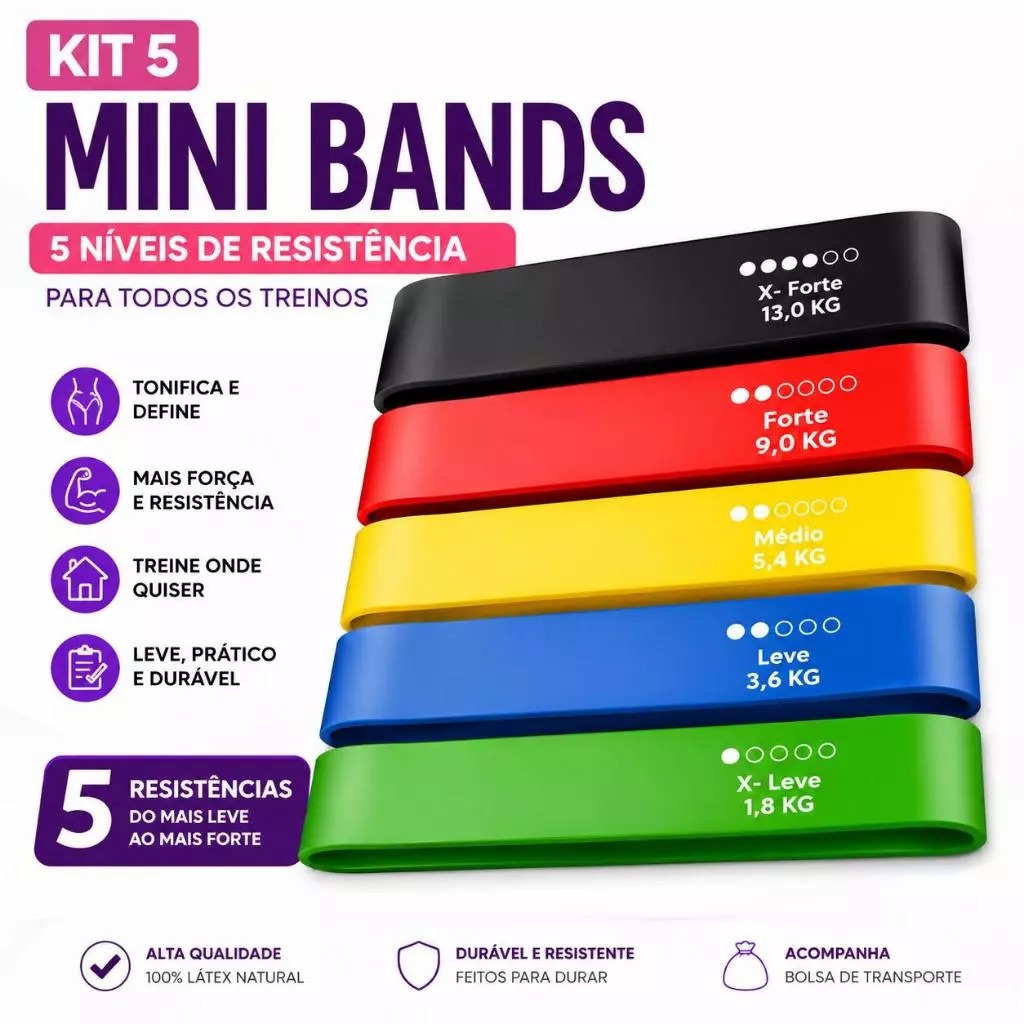 Kit 5 Faixas Band Elástica de Resistência para Treino Yoga Pilates Treino em Casa