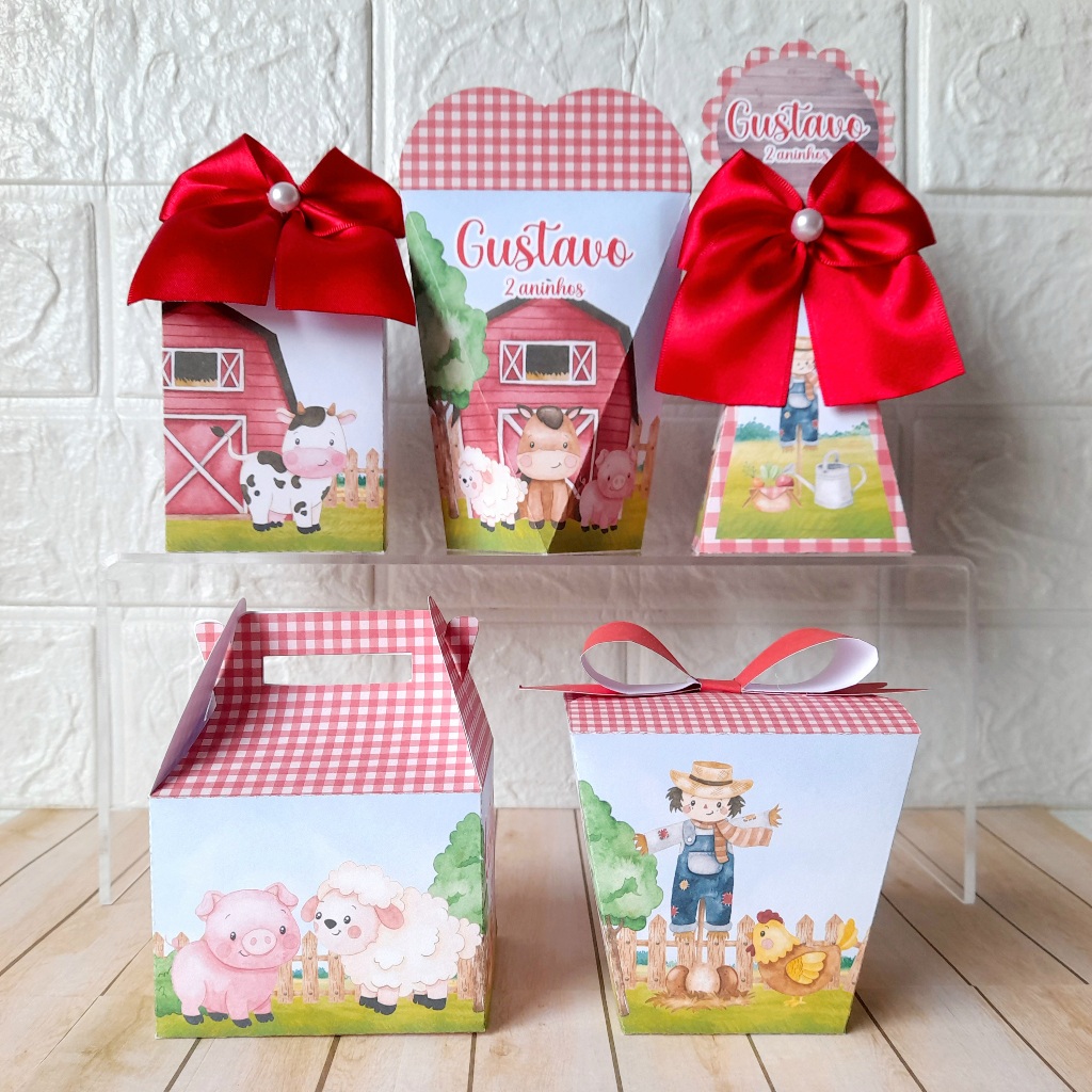 Kit Festa Personalizados FAZENDINHA VERMELHA Lembrancinhas Caixinhas para festa DESMONTADO