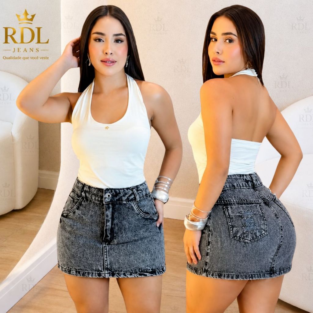 Saia Jeans Feminina Cintura Alta Barra Bainha Casual Balada Conforto Moda Blogueira