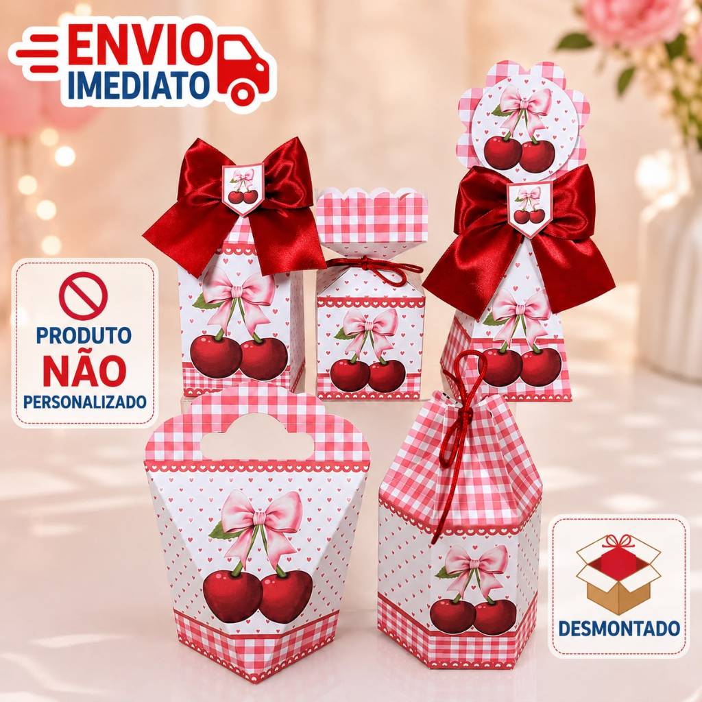 kit Caixinhas Personalizadas para Festa CEREJINHA VERMELHA Lembrancinhas de Aniversário para Decoração DESMONTADO.