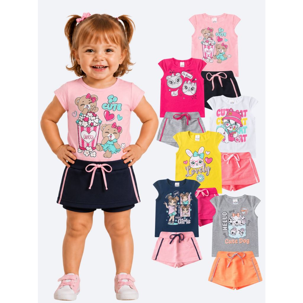 Conjunto Shorts Saia Moletinho E Blusa Estampada Algodão Coloridos Tamanho 01 02 03