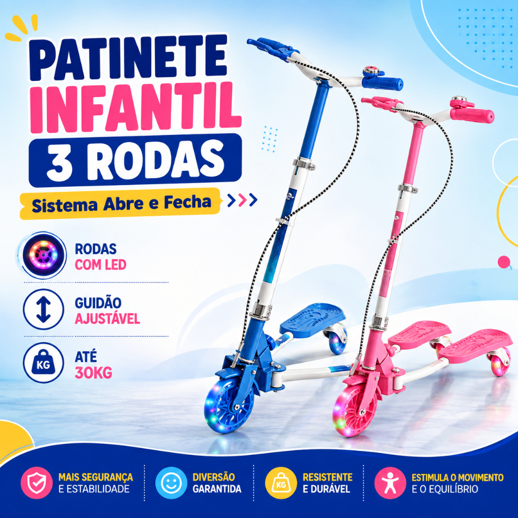 Patinete Infantil 3 Rodas LED Dobrável Abre e Fecha Guidão Ajustável 30kg