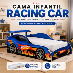 Cama Carro Infantil Azul Racing Car em MDF com Colchão e Proteção Lateral