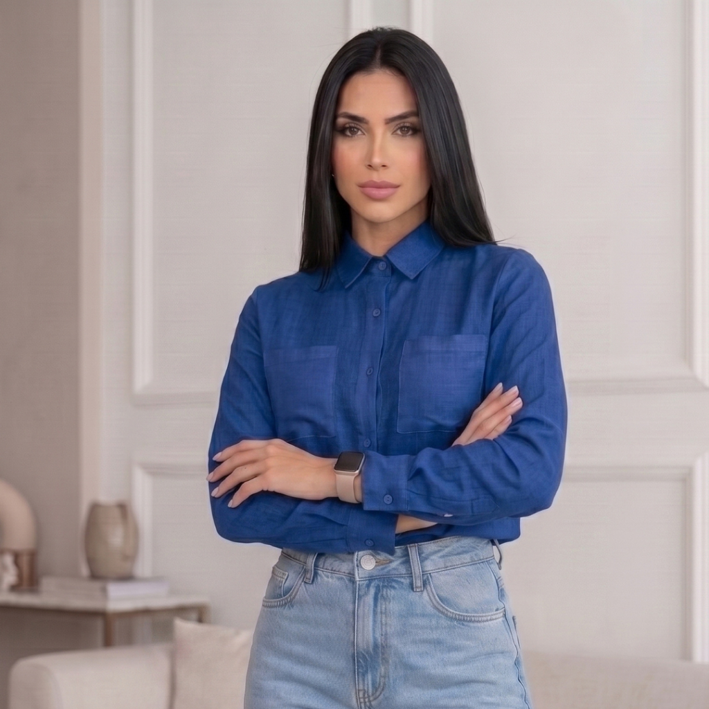 Camisa Feminina Social Viscolinho Premium Leve E Confortável Blusa Manga Longa Com Bolso Não Fica Transparente