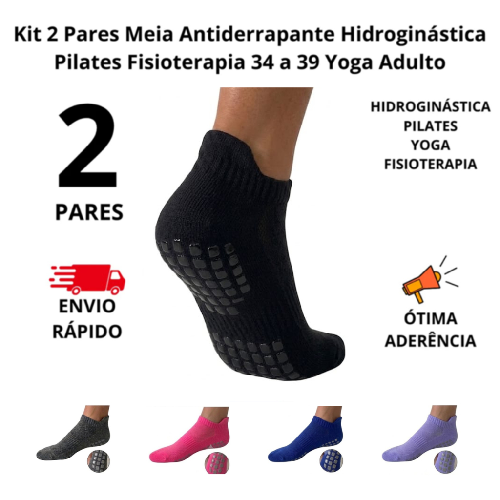 Imagem Kit com 2 Pares Meia Antiderrapante Hidroginástica Fisioterapia Yoga Pilates  Tamanho 34-39 Adulto