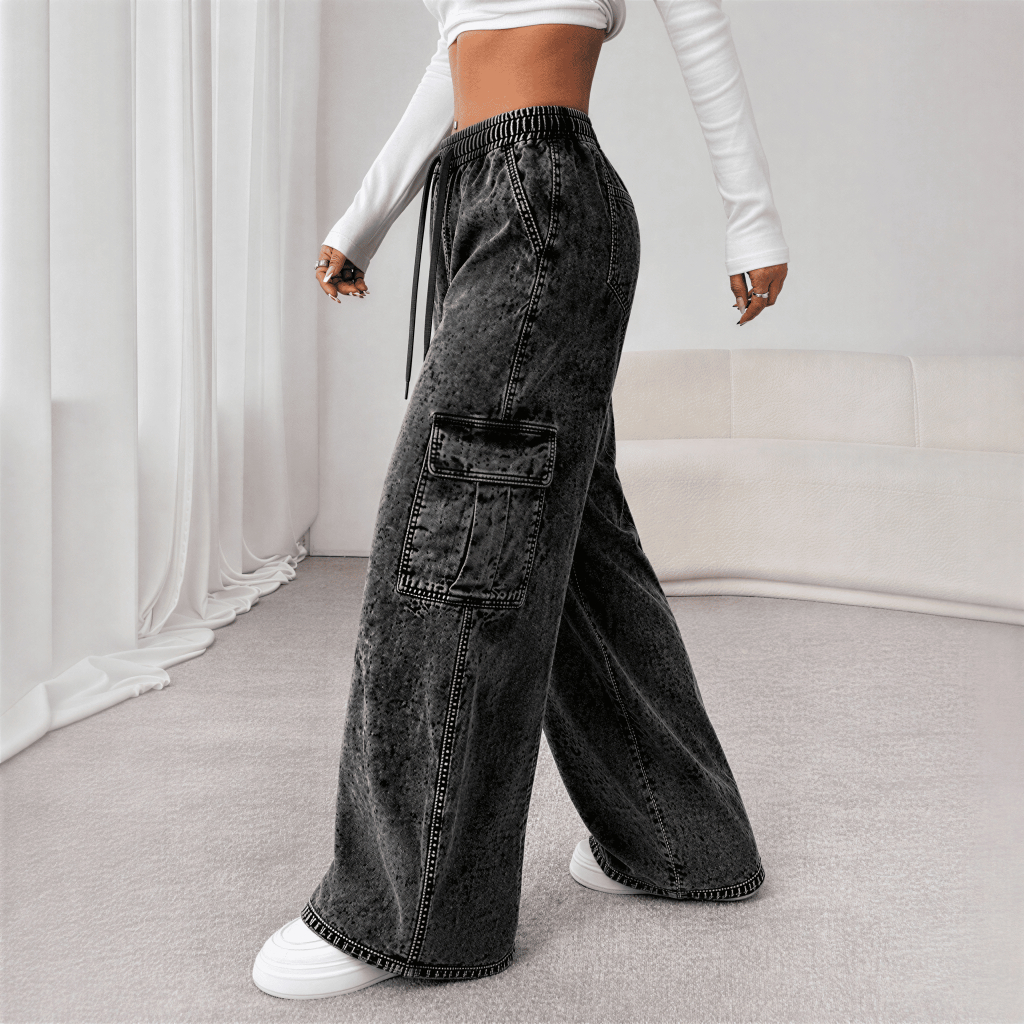 Calça Cargo Feminina Casual Sarja Wide Leg 6 Bolsos Cintura Alta Cordão Regulável Cordão na Cintura Moda Blogueira Trend