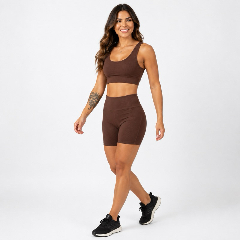 Conjunto Fitness Feminino Top + Shorts Poliamida Cós Alto Zero Transparência Academia