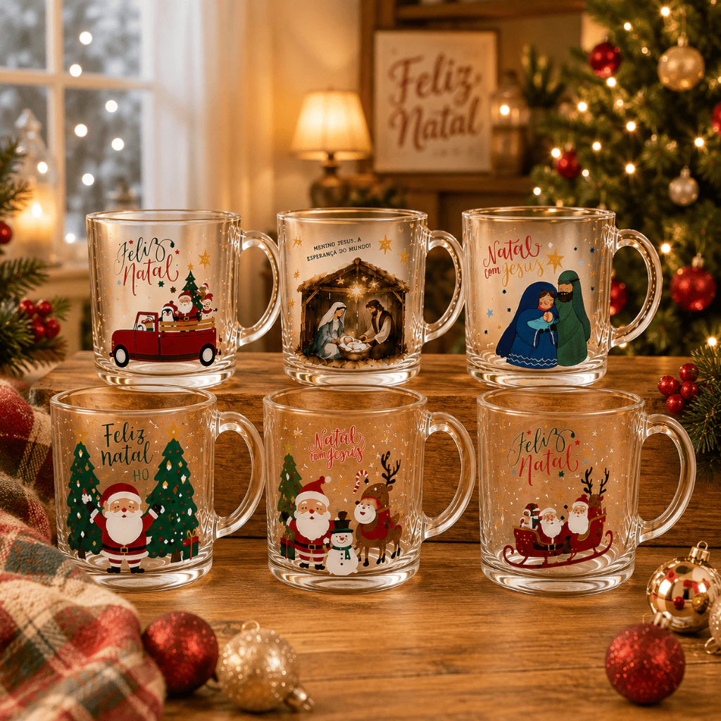 Kit Até 6 Canecas de Vidro Natal 320 ml Estampas Sortidas Festa — imagem 1
