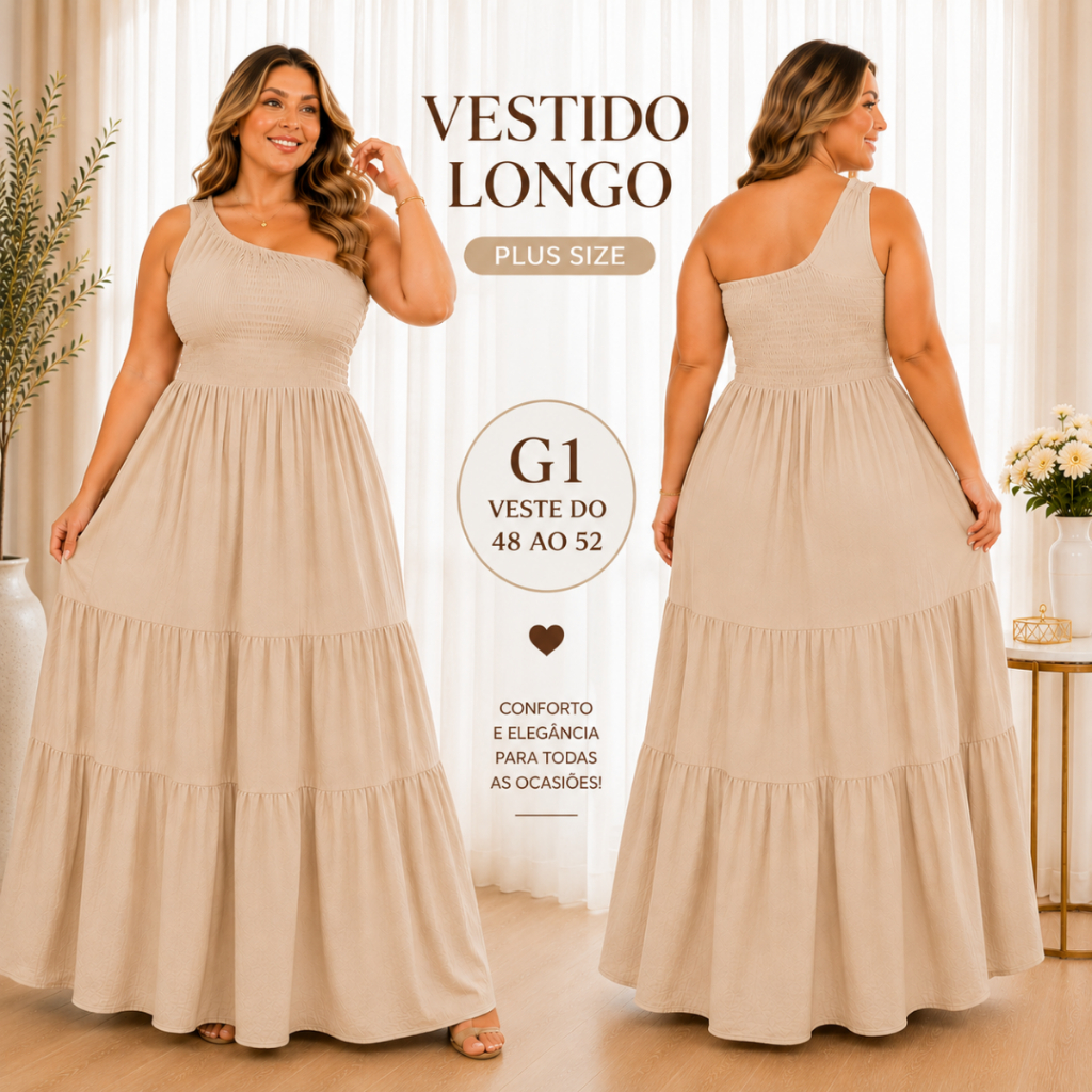 Vestido LINDA Longo Plus Size Feminino Uma Manga Ombro Só com Lastex Soltinho Elegante G1 48 ao 52