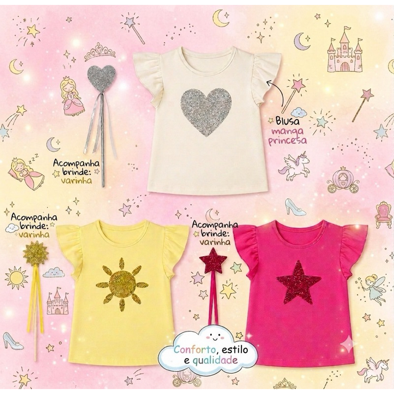 BLUSA COM MANGA PRINCESA E DETALHE BRILHO PAETÊ + ACESSÓRIO VARINHA COMBINANDO INFANTIL MENINA