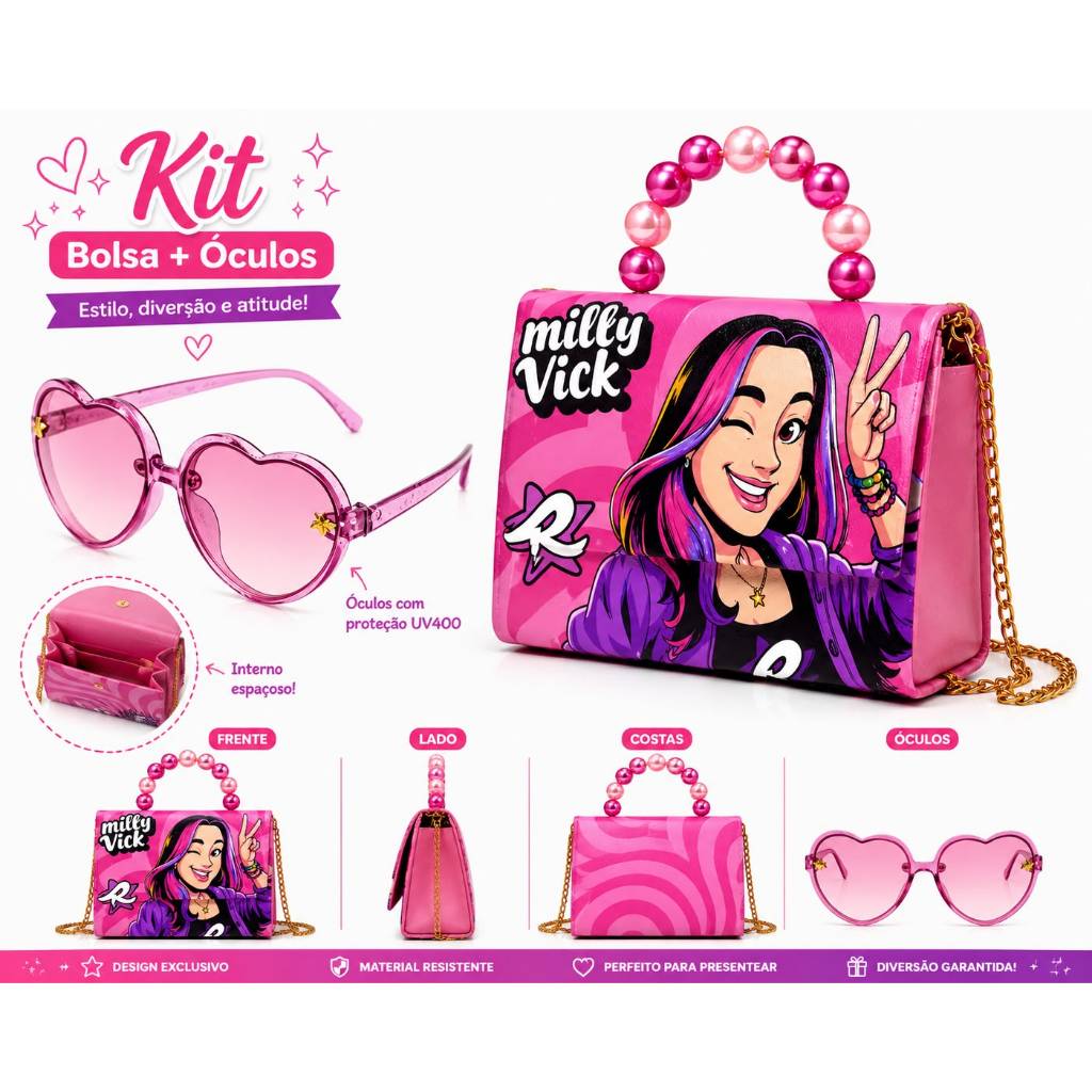 Kit Bolsa Infantil Feminina Emily Vicky + Óculos Cores e modelos diferentes UV400 Tiracolo Presente