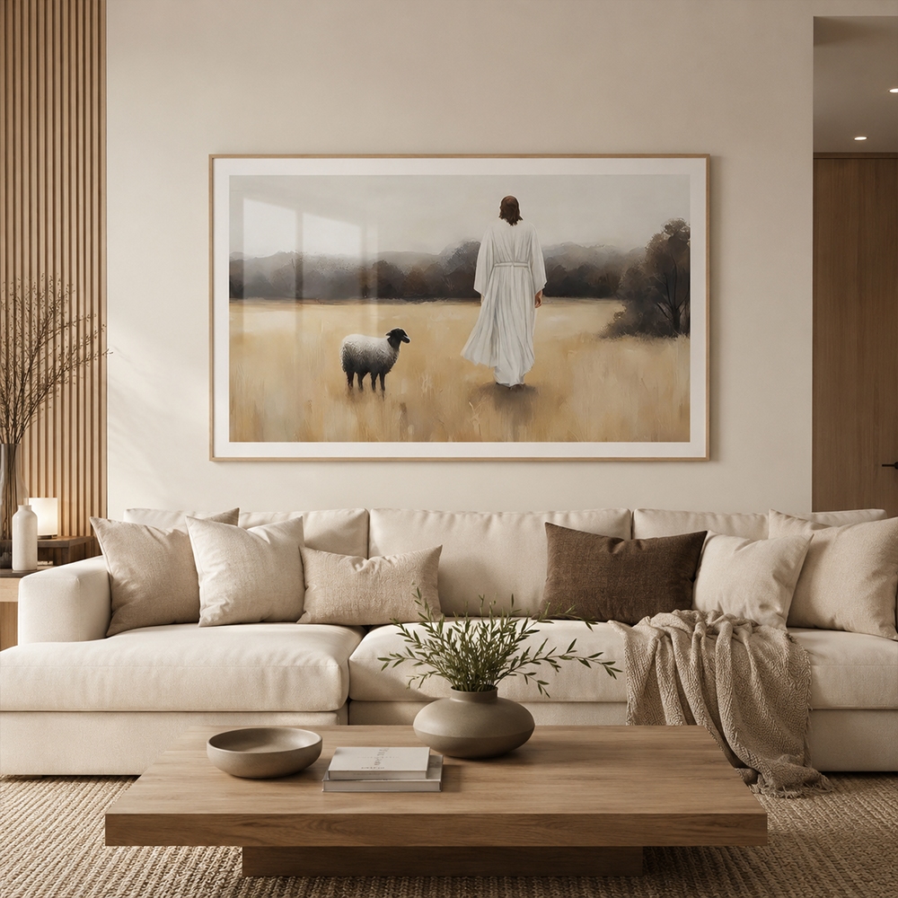 Quadro Religioso O Bom Pastor e a Ovelha Perdida Com Moldura Decorativo Sala Quarto Escritório · foto 2