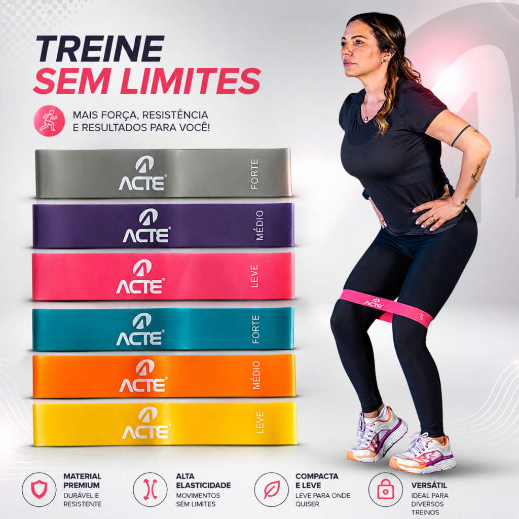 Kit 3 Mini Bands Profissional Acte Faixa Elástica para Exercício Leve Médio Forte