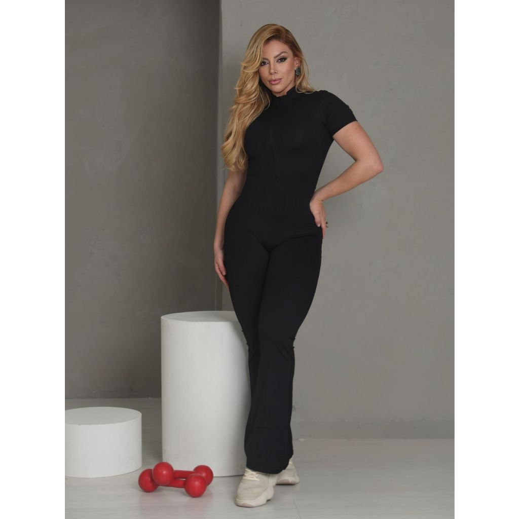 Macacão Flare Feminino Poliamida Premium Manga Curta com Zíper Fitness Academia Modelador Sem Transparência