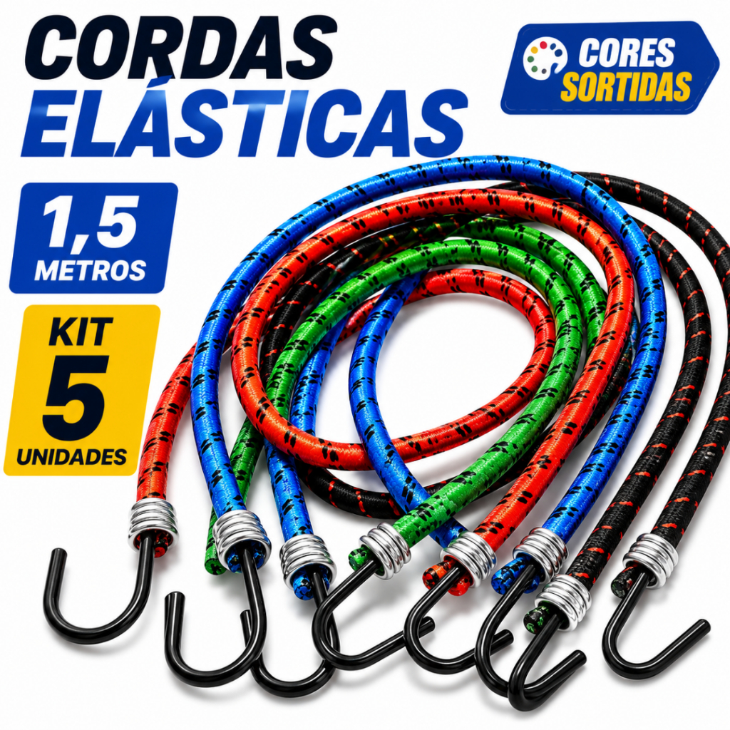 Kit 5 Cordas Elásticas 1,5m C/ Gancho Metálico Moto Bike Bagageiro Multiuso