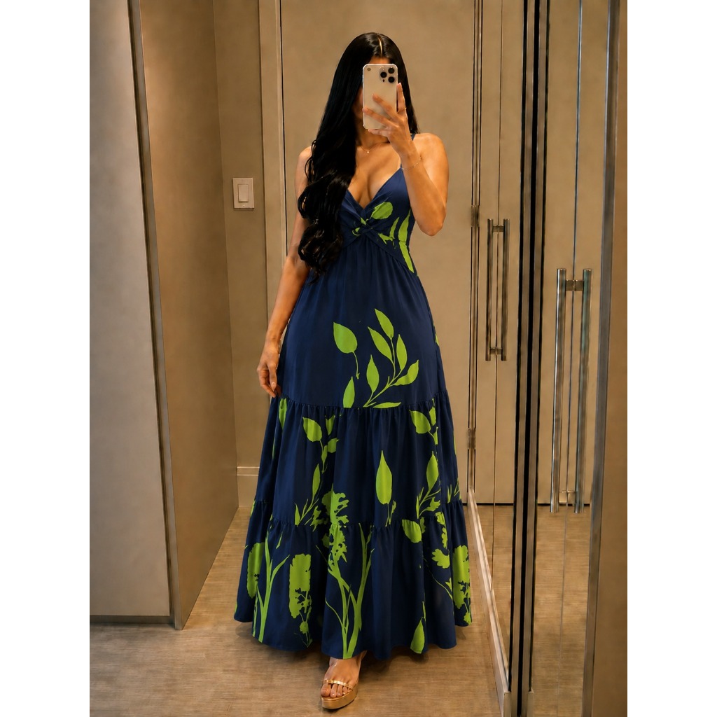 Vestido Feminino Longo Decote V Com Costas Nua e Amarração Estampa Folha