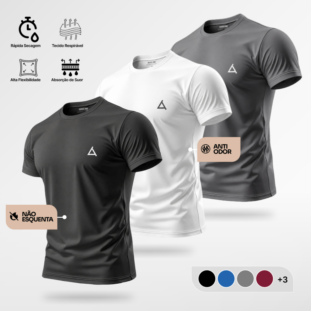 Kit 3 ou 2 Camisetas Térmica Dry Fit Proteção UV 50% Masculina Manga Curta Academia Treino e Corrida