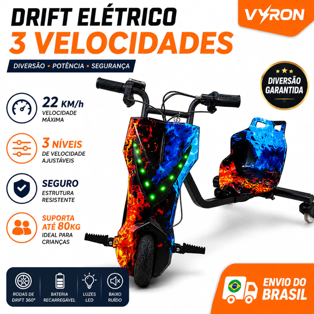 VYRON Triciclo Elétrico Drift 8” 36V 250W com Bluetooth /Led/Bateria Recarregavel