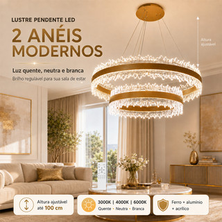 Lustre Pendente LED 2 Anéis 40+60cm Dourado Cristal Acrílico Luz Regulável 3 Cores Sala Jantar Quarto