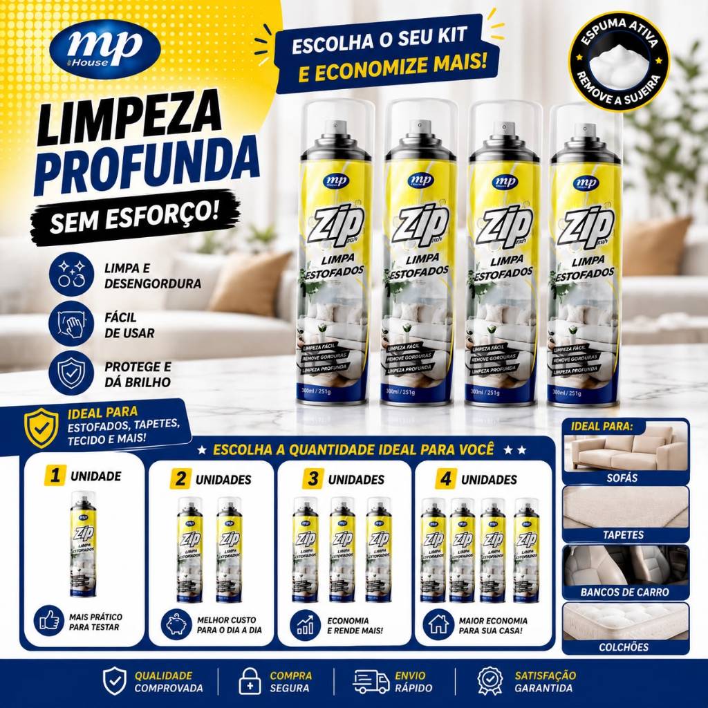 Kit 4 Limpa Estofados Espuma Mágica Limpa a Seco Zip Clean Spray 300ml 1/2/3/4 Und