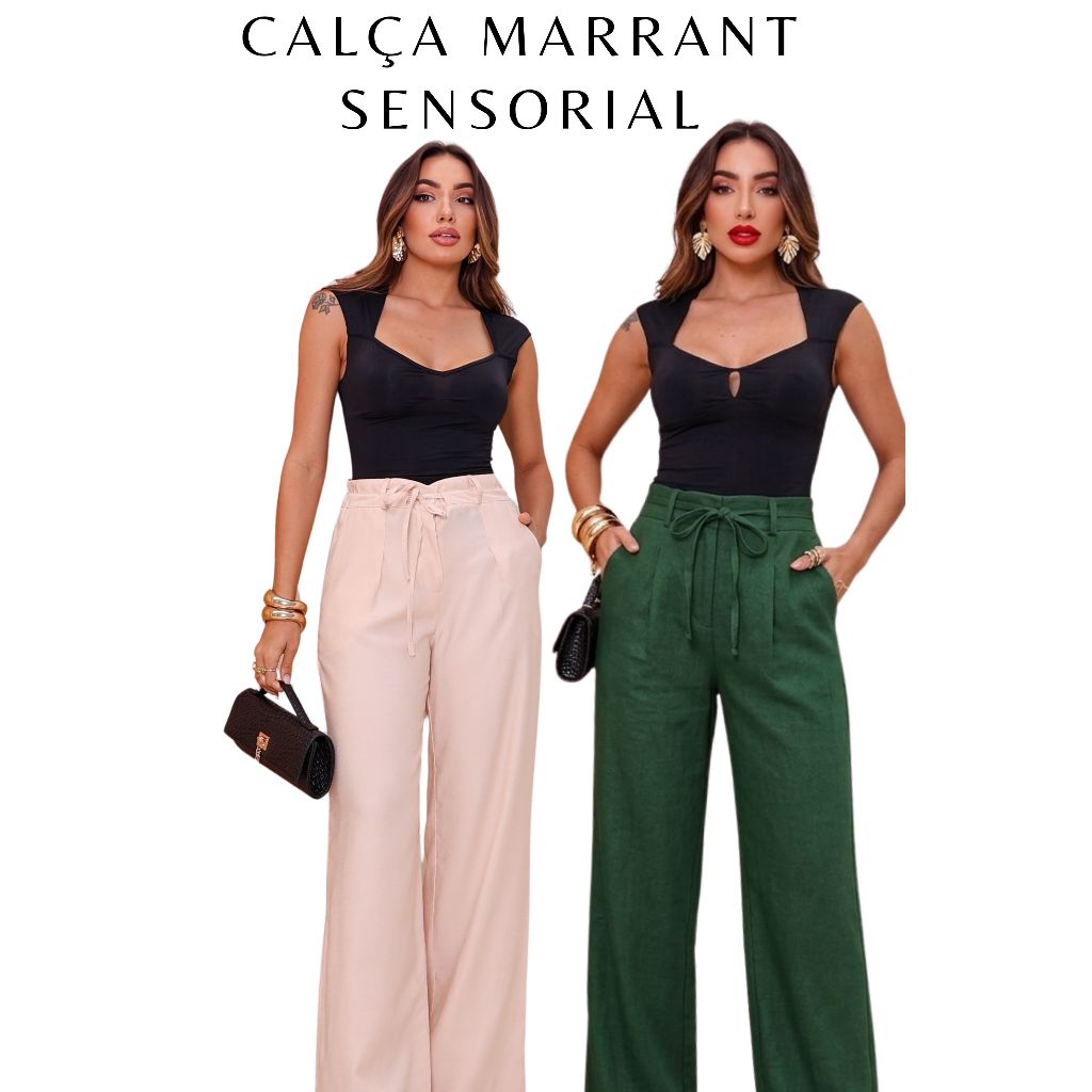 Calça Pantalona Feminina Cintura Alta com Fita de Amarrar Tecido Sensorial Marrant
