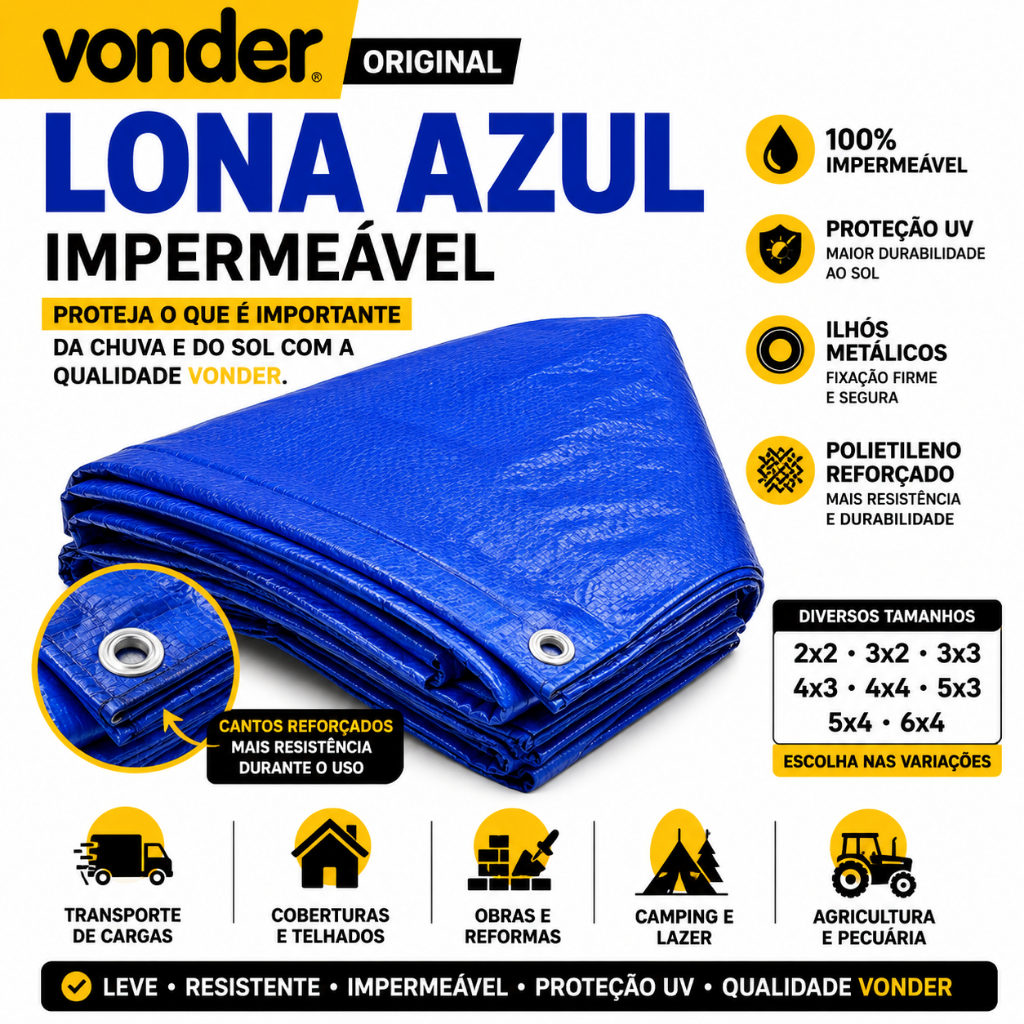 Lona Leve Azul Impermeável de proteção Vonder 100 micras com ilhós de 2x2 a 6x4 – Vários tamanhos